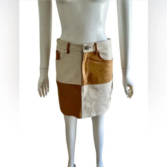 Song of Style Vianka Leather Mini Skirt Brown & Ivory White Patchwork S $298 - Picture 3 of 9